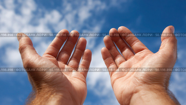 Two hands reaching up towards the sky, with the fingers spread wide. Стоковое AI-изображение, AI-художник Ярославский Максим / Фотобанк Лори