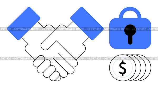 Two hands shaking in agreement next to a blue padlock and a stack of coins. Ideal for business partnerships financial security agreement trust and collaboration. Simple vector style highlighting. Business Agreement with Secure Transaction and Financial Growth Elements. Стоковая иллюстрация, агентство Ingram Publishing / Фотобанк Лори
