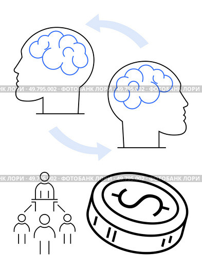 Two heads with brains exchanging ideas via arrows above a coin and a hierarchical team structure. Ideal for education, finance, collaboration, teamwork, idea sharing, communication, and leadership. Knowledge exchange between two minds illustrating teamwork, collaboration, and financial growth. Стоковая иллюстрация, агентство Ingram Publishing / Фотобанк Лори