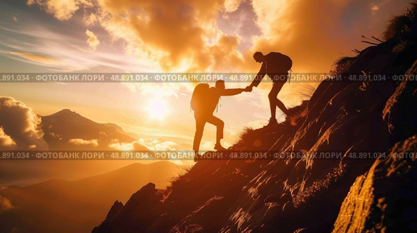Two hikers help each other ascend a mountain trail at sunset, showcasing teamwork and support during a challenging climb. Стоковое AI-изображение, AI-художник Данила Большаков / Фотобанк Лори