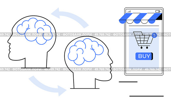 Two human heads with brains connected by arrows pointing to a smartphone with a shopping cart and buy button. Ideal for marketing, consumer behavior, digital commerce, psychology, and technology. Human Mind and Online Shopping Connection. Стоковая иллюстрация, агентство Ingram Publishing / Фотобанк Лори