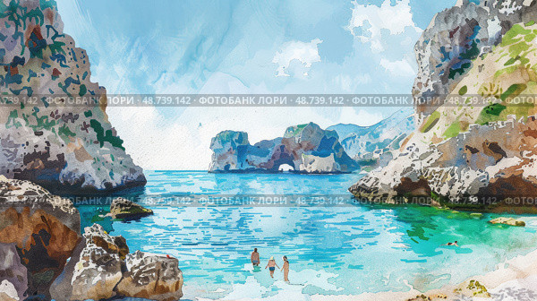 Two individuals wade in clear turquoise waters while surrounded by scenic cliffs and a vibrant sky on a sunny day. Стоковое AI-изображение, AI-художник Данила Большаков / Фотобанк Лори