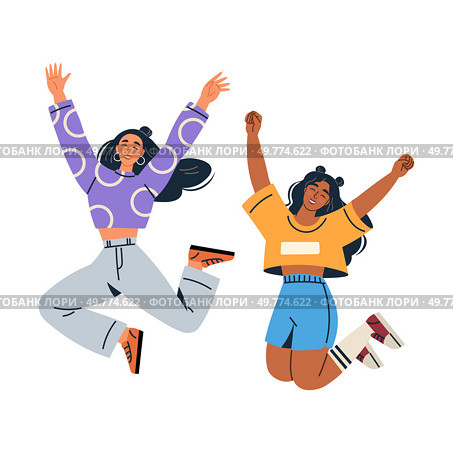 Two joyful people are jumping in mid-air with big smiles. One wears a purple spotty top and pants, and the other sports an orange top and blue shorts. Ideal for happiness positivity celebration. Two Happy People Jumping with Joy in Colorful Outfits. Стоковая иллюстрация, агентство Ingram Publishing / Фотобанк Лори