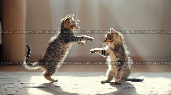 Two lively kittens engaged in playful antics, batting at each other on the floor. Стоковое AI-изображение, AI-художник Данила Большаков / Фотобанк Лори