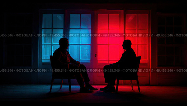 Two men are sitting in chairs in front of a window. Стоковое AI-изображение, AI-художник Ярославский Максим / Фотобанк Лори