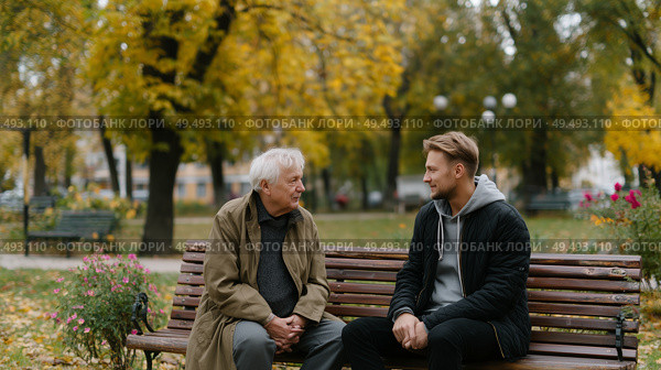 Two men engage in meaningful conversation on a park bench surrounded by autumn foliage in a tranquil afternoon setting. Стоковое AI-изображение, AI-художник Сергей Толмачёв / Фотобанк Лори