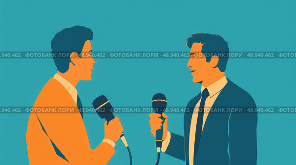 Two men, one in an orange suit and the other in a blue suit, are interviewing each other with microphones in their hands. They stand opposite each other, facing the viewer. Стоковое AI-изображение, AI-художник Данила Большаков / Фотобанк Лори