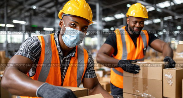Two men wearing orange vests and hard hats are working in a warehouse. Стоковое AI-изображение, AI-художник Ярославский Максим / Фотобанк Лори