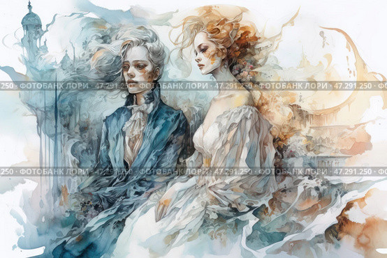 Two mysterious figures - a man and a woman, executed in a delicate, airy watercolor technique. The man is dressed in a dark blue tailcoat with a white lace jabot, his expression is melancholic and thoughtful. The woman, on the contrary, is dressed in a light white dress, her hair fluttering in the air, and the image is filled with a warm golden light. The background is a mixture of architectural motifs, reminiscent of ancient palaces or fairy-tale castles dissolving in the haze.The contrast of cold and warm tones creates a sense of opposition between the characters, as if they belong to different worlds or time periods. The lightness of the brushstrokes and smooth transitions of colors give the work a mystical and fantasy atmosphere. Стоковое AI-изображение, AI-художник Анна Кривицкая / Фотобанк Лори