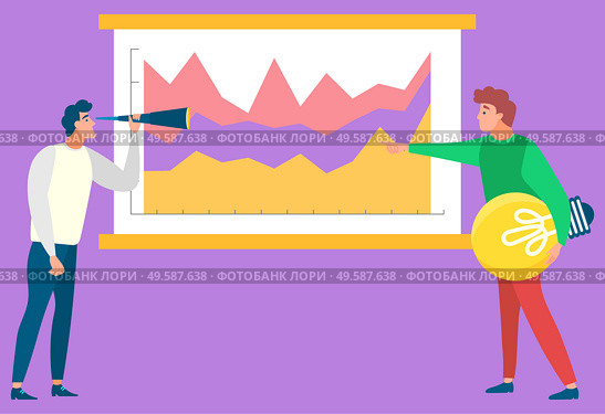 Two people standing near statistics chart and looking on it. Man with light bulb in hand. Business tools for innovations and cooperation. Vector illustration flat style. People Standing near Data Analysis on Board. Стоковая иллюстрация, агентство Ingram Publishing / Фотобанк Лори