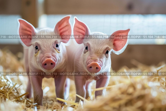 Two piglets standing on straw in a barn. Стоковое AI-изображение, AI-художник Иван Рябоконь / Фотобанк Лори