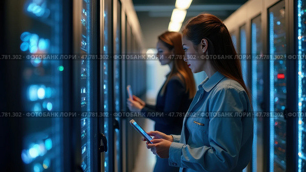 Two Professionals Are Engaged in Their Tasks Within a Modern Server Room Filled With Computer Servers. Стоковое AI-изображение, AI-художник Sergey Grishin / Фотобанк Лори