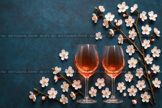 Two rose wine glasses surrounded by delicate cherry blossom branches on textured dark blue surface creating elegant romantic spring celebration mood. Стоковое AI-изображение, AI-художник Павел Муравьев / Фотобанк Лори