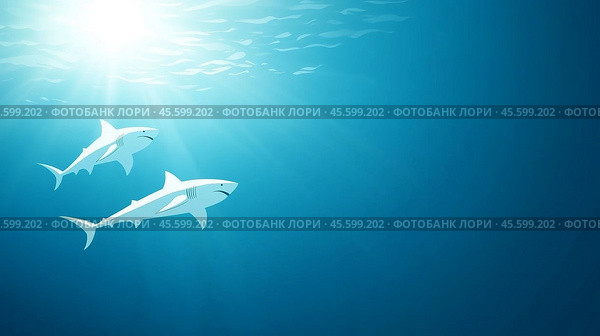 Two sharks glide effortlessly through clear blue waters under bright sunlight in a serene underwater environment. Стоковое AI-изображение, AI-художник Сергей Толмачёв / Фотобанк Лори