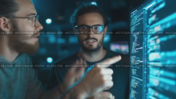 Two software developers collaborating on coding in a dimly lit tech office at night. Стоковое AI-видео, аниматор Сергей Толмачёв / Фотобанк Лори