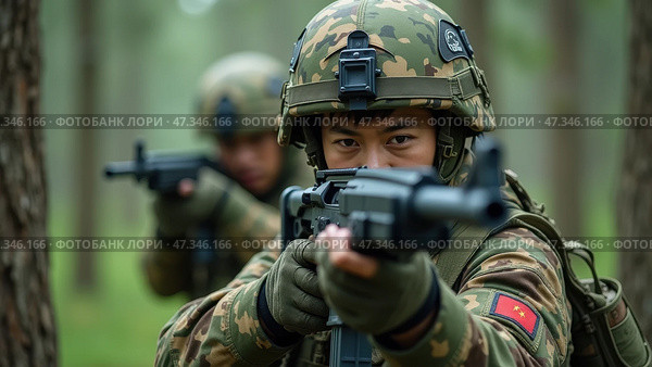 Two soldiers in camouflage aim their firearms while participating in a training exercise in a dense forest, showcasing military tactics and teamwork. Стоковое AI-изображение, AI-художник Sergey Grishin / Фотобанк Лори