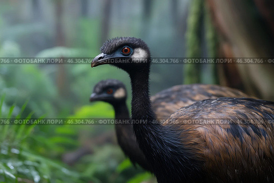 Two tropical flightless bird, concept of rare and endangered species. Стоковое AI-изображение, AI-художник Евгений Харитонов / Фотобанк Лори