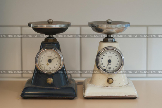 Two vintage scales showing empty trays in kitchen setting. Стоковое AI-изображение, AI-художник Иван Рябоконь / Фотобанк Лори