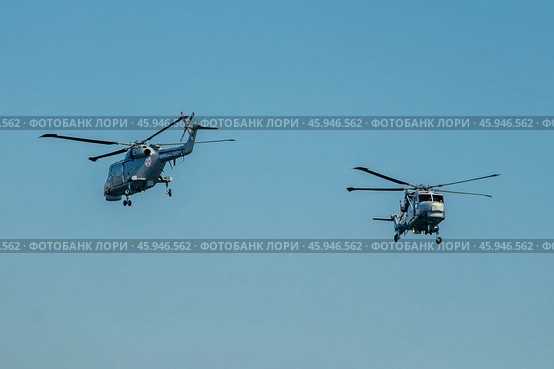 Two Westland Lynx military helicopter of Portuguese Navy demo flight at Oeiras Air Show (2023 год). Редакционное фото, фотограф Дмитрий Рухленко / Фотобанк Лори