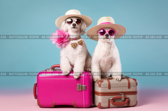 Two white poodles in glasses and hats are sitting on pink suitcases. Summer travel concept. Generative AI. Стоковое AI-изображение, AI-художник Юрий Поздников / Фотобанк Лори