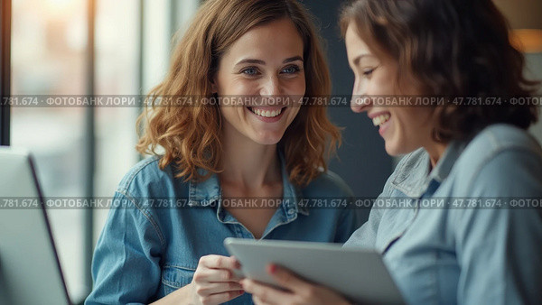 Two Women Share a Lighthearted Moment in a Cafe as They Engage With a Tablet. Стоковое AI-изображение, AI-художник Sergey Grishin / Фотобанк Лори