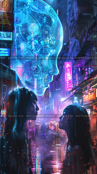 Two women stand facing each other in a cyberpunk city, bathed in neon light. A glowing, translucent head hovers above them, its features obscured by intricate circuitry. Стоковое AI-изображение, AI-художник Данила Большаков / Фотобанк Лори