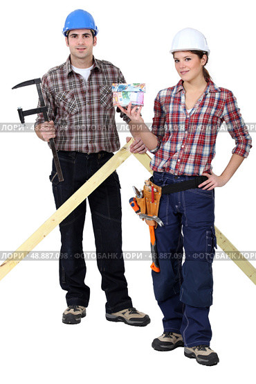 Two woodworker stood with money. Стоковое фото, агентство Ingram Publishing / Фотобанк Лори