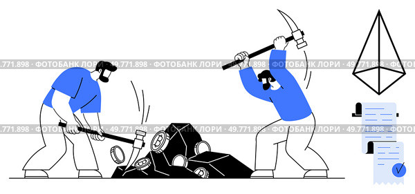 Two workers breaking rocks with tools to extract cryptocurrency. An smart contract symbol above some documents with a seal. Ideal for blockchain technology cryptocurrency mining financial. Miners Working with Tools Extracting smart contract Cryptocurrency Blocks. Стоковая иллюстрация, агентство Ingram Publishing / Фотобанк Лори