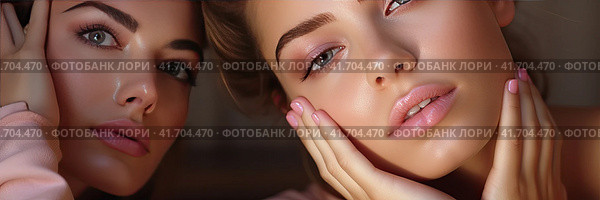 Two young cute girls examine their face after a massage in the mirror. The concept of youth and beauty. Generated by AI. Стоковое AI-изображение, AI-художник Ярославский Максим / Фотобанк Лори