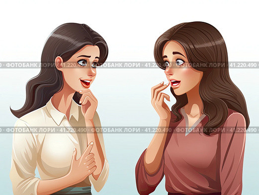 Two young girlfriends are discussing the news. Women's conversations. Generated by AI. Стоковое AI-изображение, AI-художник Ярославский Максим / Фотобанк Лори