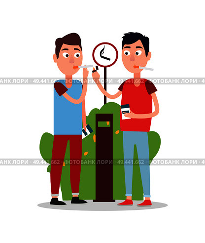 Two young smoking men in bright t-shirts and trousers, color vector illustration with white background two cigarettes packs, brown rubbish, green bush. Two Young Smoking Men Color Vector Illustration. Стоковая иллюстрация, агентство Ingram Publishing / Фотобанк Лори