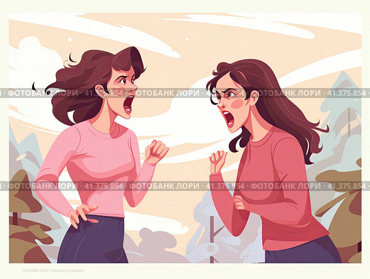 Two young women are arguing furiously. A woman's quarrel. Generated by AI. Стоковое AI-изображение, AI-художник Ярославский Максим / Фотобанк Лори