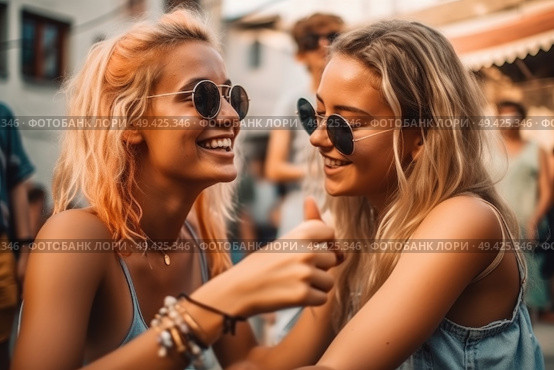 Two young women are seated side by side, exuding beauty and grace. They are elegantly posed, showcasing their friendship and camaraderie. Стоковое AI-изображение, AI-художник Данила Большаков / Фотобанк Лори