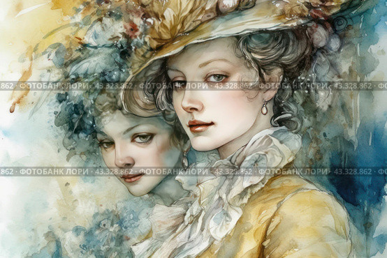 Two young women, made in the style of watercolor painting. One of them is dressed in an elegant dress and a hat with flowers, the second is a reflection or image superimposed on the foreground. Women have delicate facial features, a light blush and neat hairstyles. The background is made in soft, blurry colors, creating an atmosphere of romance and sophistication. Стоковое AI-изображение, AI-художник Анна Кривицкая / Фотобанк Лори