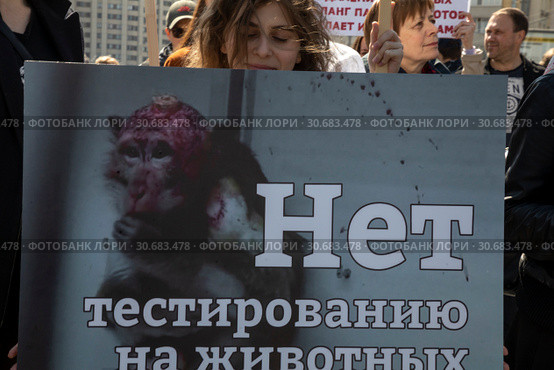 Участник первомайского марш в защиту животных по центральным улицам города Москвы держит плакат с надписью "Нет тестрированию на животных", Россия (2019 год). Редакционное фото, фотограф Николай Винокуров / Фотобанк Лори