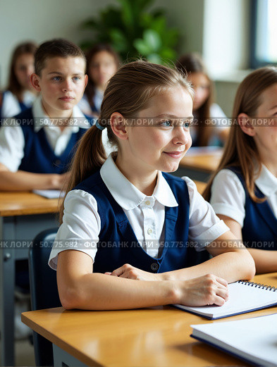 Ученица на уроке в школе за партой внимательно слушает учителя. A student at a school desk is attentively listening to the teacher. Стоковое AI-изображение, AI-художник Смирнова Светлана / Фотобанк Лори