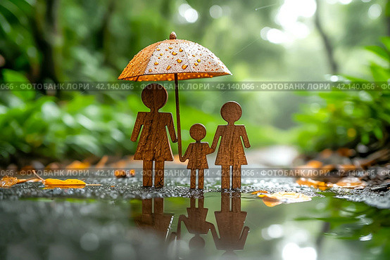 Umbrella icon and family model, Security protection and health insurance. The concept of family home, protection, health care day, car insurance. environmental protection concept with copy space. Стоковое AI-изображение, AI-художник Ирина Михайличенко / Фотобанк Лори
