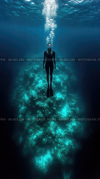 Underwater exploration: A freediver descends towards a coral reef. Стоковое AI-изображение, AI-художник Данила Большаков / Фотобанк Лори