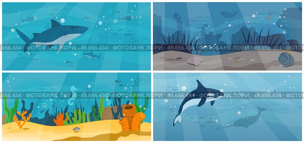 Underwater fauna with fishes, seaweed, whales. Ocean bottom with marine life reprsentatives. Set of illustrations with marine underwater world. Sea, seafloor, undersea with killer whale and shark. Set of illustrations with marine world, ocean bottom. Underwater fauna with fishes, seaweed, whales. Стоковая иллюстрация, агентство Ingram Publishing / Фотобанк Лори