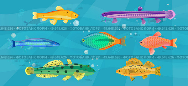 Underwater ocean fauna with fishes, seaweed and shells on sand. Ocean bottom with marine life reprsentatives. Marine underwater world with exotic fishes. Bright tropical fish floating on seabed. Tropical fish floating on seabed. Ocean bottom, underwater world with marine life reprsentatives. Стоковая иллюстрация, агентство Ingram Publishing / Фотобанк Лори