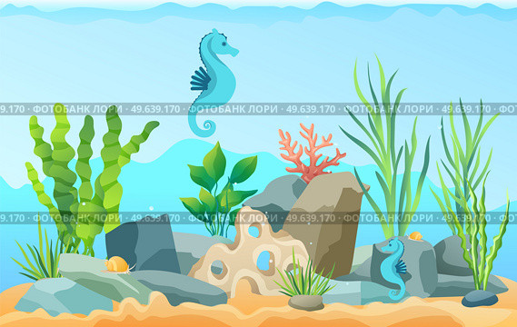 Underwater ocean fauna with sea horses and seaweed. Ocean bottom with marine life reprsentatives. Underwater world vector illustration. Seafloor, undersea, seabed with marine plants and animals. Ocean bottom, seabed with marine plants and animals. Underwater world with sea horses and seaweed. Стоковая иллюстрация, агентство Ingram Publishing / Фотобанк Лори
