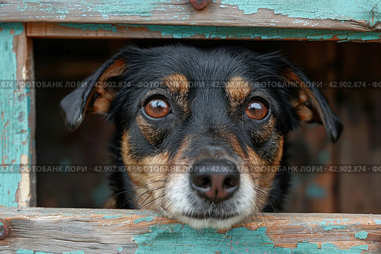 Unhappy dog peeks out of a crack in a wooden booth at a shelter. Стоковое AI-изображение, AI-художник Анна Кривицкая / Фотобанк Лори