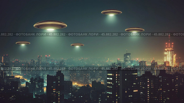 Unidentified flying objects hover over a city buildings skyline at night. Стоковое AI-изображение, AI-художник Михаил Коханчиков / Фотобанк Лори