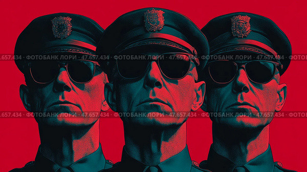 Uniformed Vigilance: A trio of stern officers in pop art coloration, evoking authority and unwavering resolve. Стоковое AI-изображение, AI-художник Данила Большаков / Фотобанк Лори