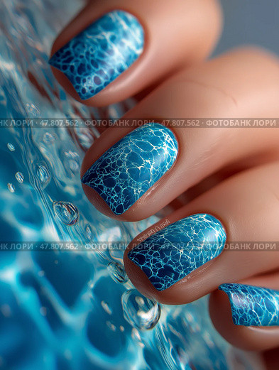 Unique nail art featuring water-inspired design in vibrant blue tones. Уникальный нейл-арт с водным дизайном в ярких синих тонах. Стоковое AI-изображение, AI-художник Katsiaryna Repich / Фотобанк Лори