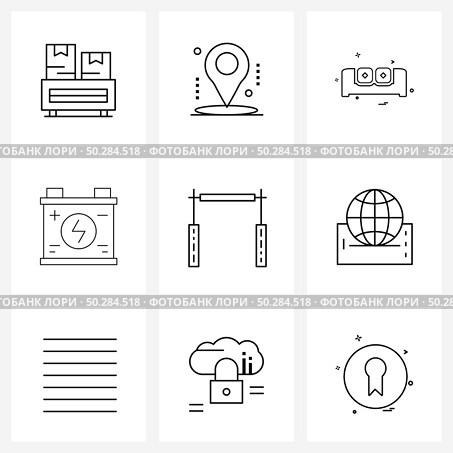 Universal Symbols of 9 Modern Line Icons of pull ups exercise, mechanic, sofa, energy, car Vector Illustration. Стоковая иллюстрация, агентство Ingram Publishing / Фотобанк Лори