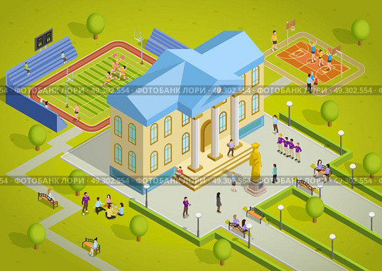 University Complex Building Isometric View Poster. University campus building and sport complex facilities with students isometric view poster vector illustration  . Стоковая иллюстрация, агентство Ingram Publishing / Фотобанк Лори