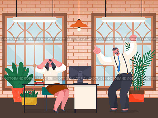 Unorganized office worker panic. Angry boss man swear at worker woman holding head, stressing, confused. Female made mistake in work. Chaos in office. Stylish design of office with plants, big windows. Unorganized office worker panic, angry boss swear at worker woman holding head, stressing, confused. Стоковая иллюстрация, агентство Ingram Publishing / Фотобанк Лори