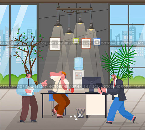Unorganized office workers panic. Angry boss swear at worker talking on phone. Employee with digital tablet running to table. Chaos in office. Stylish design of office with plants, big windows. Employee with digital tablet running to table, chaos in office, angry boss swear at worker. Стоковая иллюстрация, агентство Ingram Publishing / Фотобанк Лори
