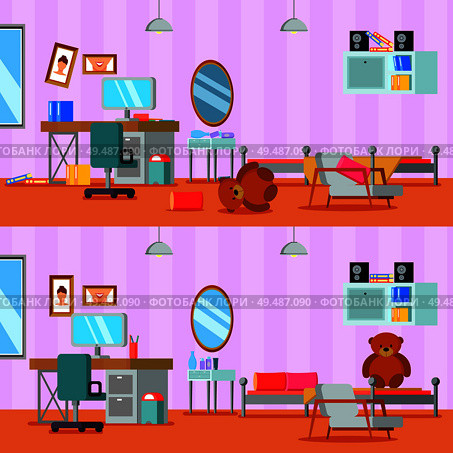 Untidy and cleaned teen room of girl in lilac orange color flat compositions isolated vector illustration. Стоковая иллюстрация, агентство Ingram Publishing / Фотобанк Лори